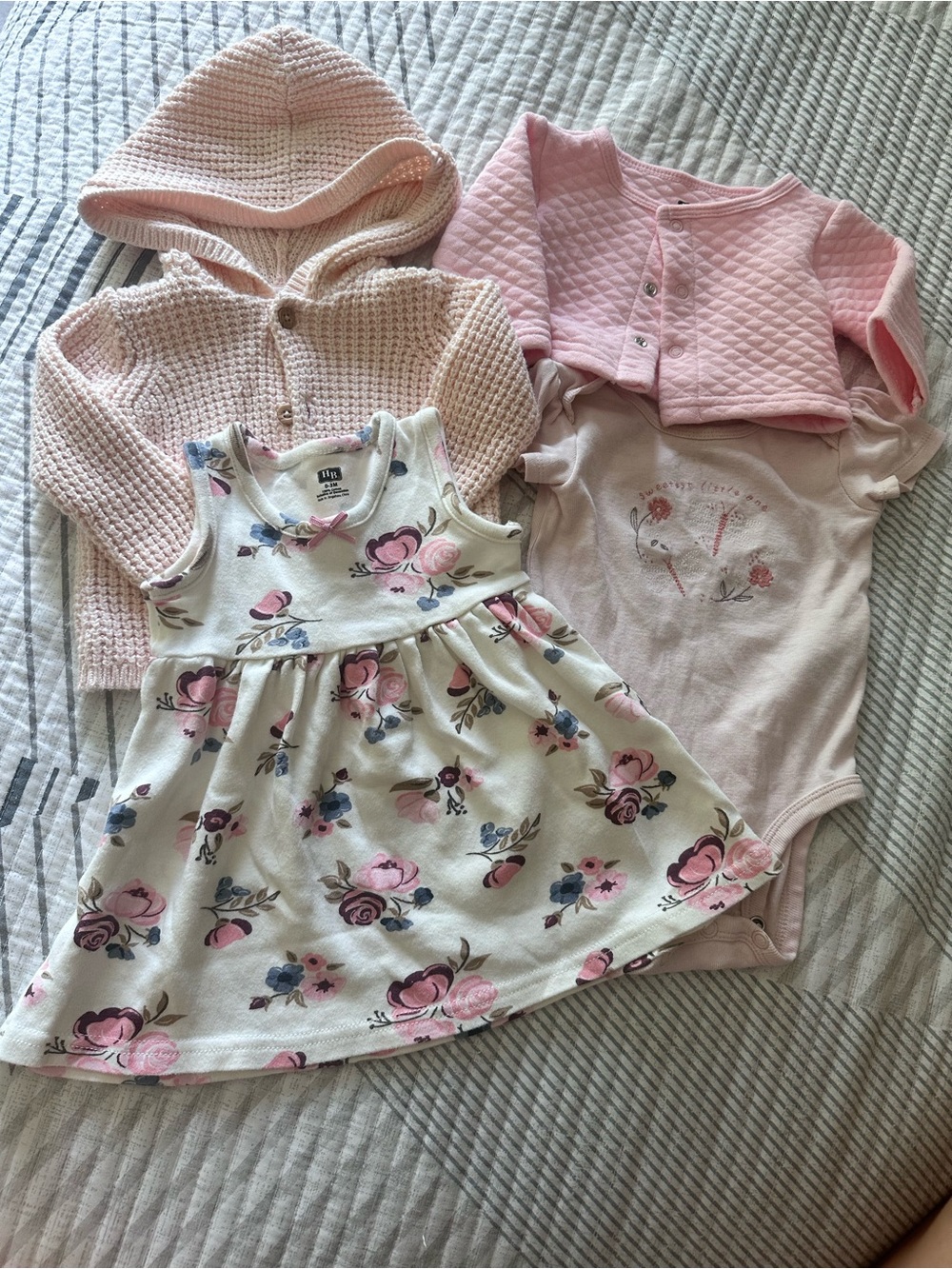 Carter's Pink and Cream Floral Tank Dress with Pink Knit Cardigan Set